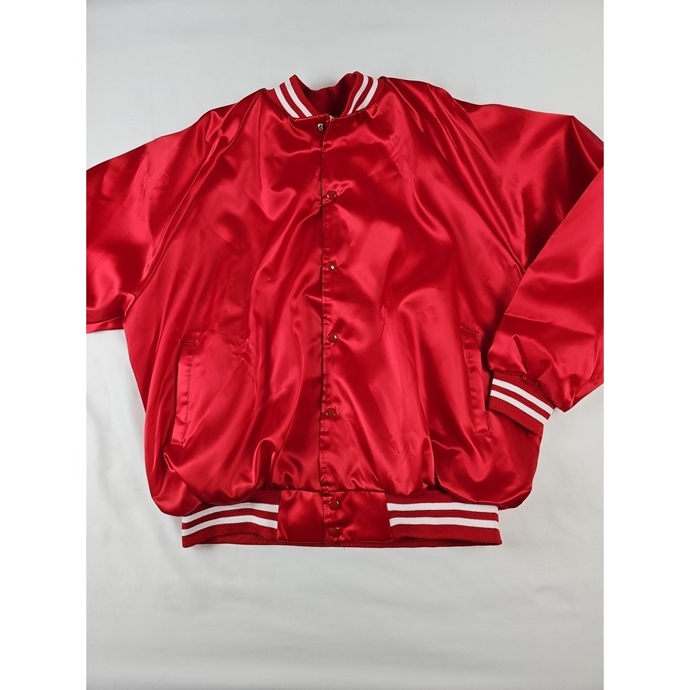 Vtg Auburn Red Satin Bomber Jacket Snap White Strip Waist & Cuff Men's XXXL‎